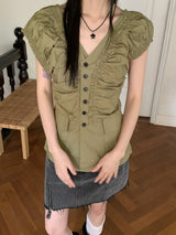 Blong V-Neck Shirring Pleated Puff Short-Sleeved Blouse
