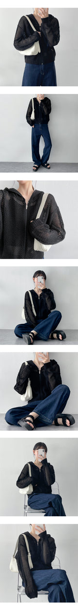 マリーンシースルーサマーニットウェアフーデッドジップアップ / Marine See-Through Summer Knitwear Hooded Zip-Up