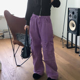 Kui パープルピグメントカーゴバックバンディングロングワイドデニムパンツ