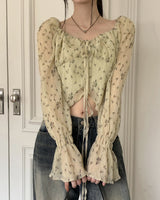 シフォンフラワーリボンストリング長袖ブラウス / Pyuti Chiffon Flower Ribbon String Long-Sleeved Blouse