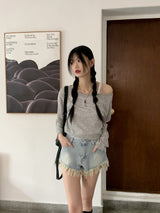 フリンジアンバランスデニムショートパンツ / Kaichi Fringe Unbalanced Light Blue Denim Shorts Pants