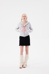 WITTY BUNNY SPLIT GRAPHIC CROP HOODIE ZIP UP [MELANGE GRAY]