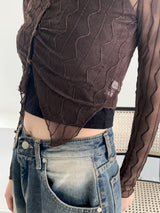 ルーティングウェーブシースルークロップド長袖ブラウス / Rooting wave see-through cropped long-sleeved blouse