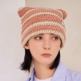 Square Label Stripe Crochet Beanie / Pink