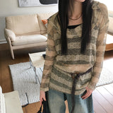 ニオンシースルーストライプフード付き長袖ニット