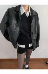 Collar boxy round leather jacket