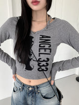ホックビーズホルタートングプリント長袖Tシャツ / hook beaded halter thong print long sleeve t-shirt
