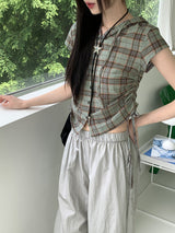 テユストリングシャーリングリネンチェックフードシャツカミス / Teyu String Shirring Linen Check Hooded Shirt Camis