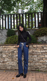 セミワイドフィットストリングポイントダークデニムパンツ/JEON SO MIN SEMI-WIDE FIT STRING POINT DARK DENIM PANTS [17708]