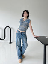 カラーマッチングカットブラッシュデニムパンツ/no.1792 color matching cat brush denim pants