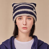 Square Label Stripe Crochet Beanie / Navy