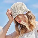Monogram label knit punching summer bucket hat Cream