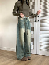Aker string washing wide denim pants