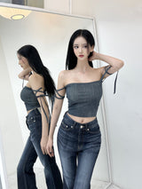 デニムフリーストラップトップ/802. Denim free strap top (3color)