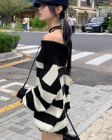 Dolche Boxy Striped Off-Shoulder Long-Sleeved Knitwear