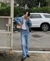 カラーレスデニムジャケット/Collarless denim jacket