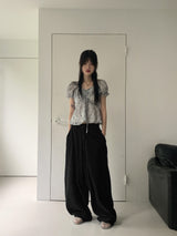 Bupin summer fabric back-banding balloon Vintage washing long wide denim pants