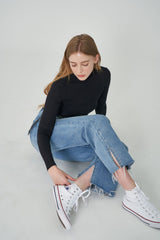 ワイドフィットベルトセットスリットデニムパンツ / SONG JI HYO, VIVIZ EUNHA, SISTAR HYRIN, EVERGLOW AISHA, NATURE LU, STAYC ISA, FROMIS_9 SAEROM WORNSEMI WIDE FIT BELT SET SLIT DENIM PANTS [6607]