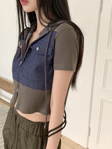 S-ヤングワッフルデニムカラーリングツーウェイクロップ半袖ジップアップ/S-young waffle denim coloring two-way crop short-sleeved zip-up
