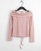 Roan fleece strap slit off-shoulder long-sleeved T-shirt
