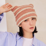 Square Label Stripe Crochet Beanie / Pink