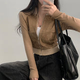 [Universal combination*.*] オーバードーンニットタックススエードクロップドジップアップ/ジャンパー