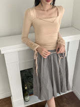 Pania Balletcore Shirring Pleated Strap Square Neck Cropped Long-Sleeved T-Shirt