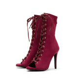 Suede Lace-Up Open Toe Heel(Burgundy)