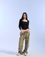 SQUARE NECK SHIRRING SLEEVE (BLACK) 