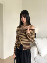 イクストライプボタンスリットオフショルダー長袖Tシャツ