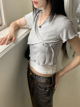Juri Ruffle Ribbon Wrap Strap Cropped Short Sleeve T-shirt