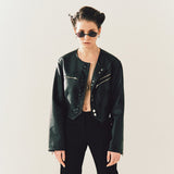 フェイクレザークロップドジャケット/Faux-Leather Cropped Jacket _ Black
