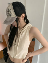 ワズスリムフィットワッフルツーウェイノースリーブベストクロップドフーディージップアップ / Waz Slim Fit Waffle Two-Way Sleeveless Vest Cropped Hoodie Zip-Up