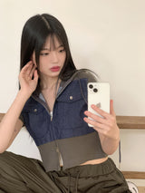 S-ヤングワッフルデニムカラーリングツーウェイクロップ半袖ジップアップ/S-young waffle denim coloring two-way crop short-sleeved zip-up