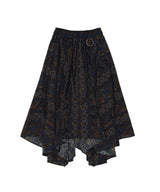 "PRE-ORDER 4/16~"  WOOD-CUT UNBALANCE FLARE SKIRT (Black) (6546130174070)