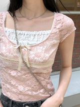 リワンピンクシースルーレースリボンスクエア半袖Tシャツ / Liwan Pink See-through Lace Ribbon Square Short Sleeve T-shirt