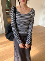 TL ストライプディープUネックロングTシャツ