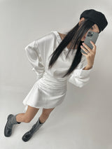 Silky shirring uncut shirt dress