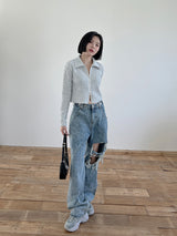 オルモストリブカラークロップジップアップ/Ulmost Rib Collar Crop Zip Up (4color)