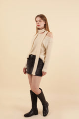Off Shoulder Muffler Knit Set Cream