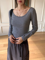 TL ストライプディープUネックロングTシャツ