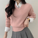 Hugging Loose fit Semi-Crop V-neck Long-sleeved Knitwear (12 colors)