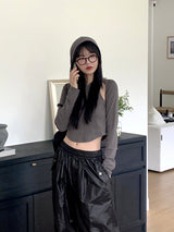 Pixie Shoulder Slit Cropped Long-Sleeved Hoodie T-Shirt