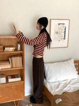 【裏起毛】ストライプニット フード付き ジップアップ