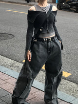 ユニークカッティングライングランジワイドデニムパンツ