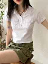 Moodle Pocket Color Matching Collar Short Sleeve T-shirt