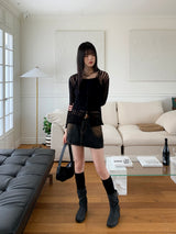 Raon see-through damage corset long sleeve crop knit