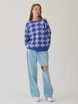(KT-22133)CHECKER BOARD KNIT PUPPLE (6672345432182)