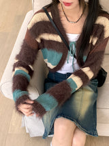 Rules angora fur color combination striped knit cardigan