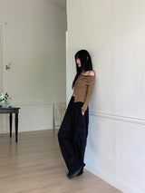 イクストライプボタンスリットオフショルダー長袖Tシャツ